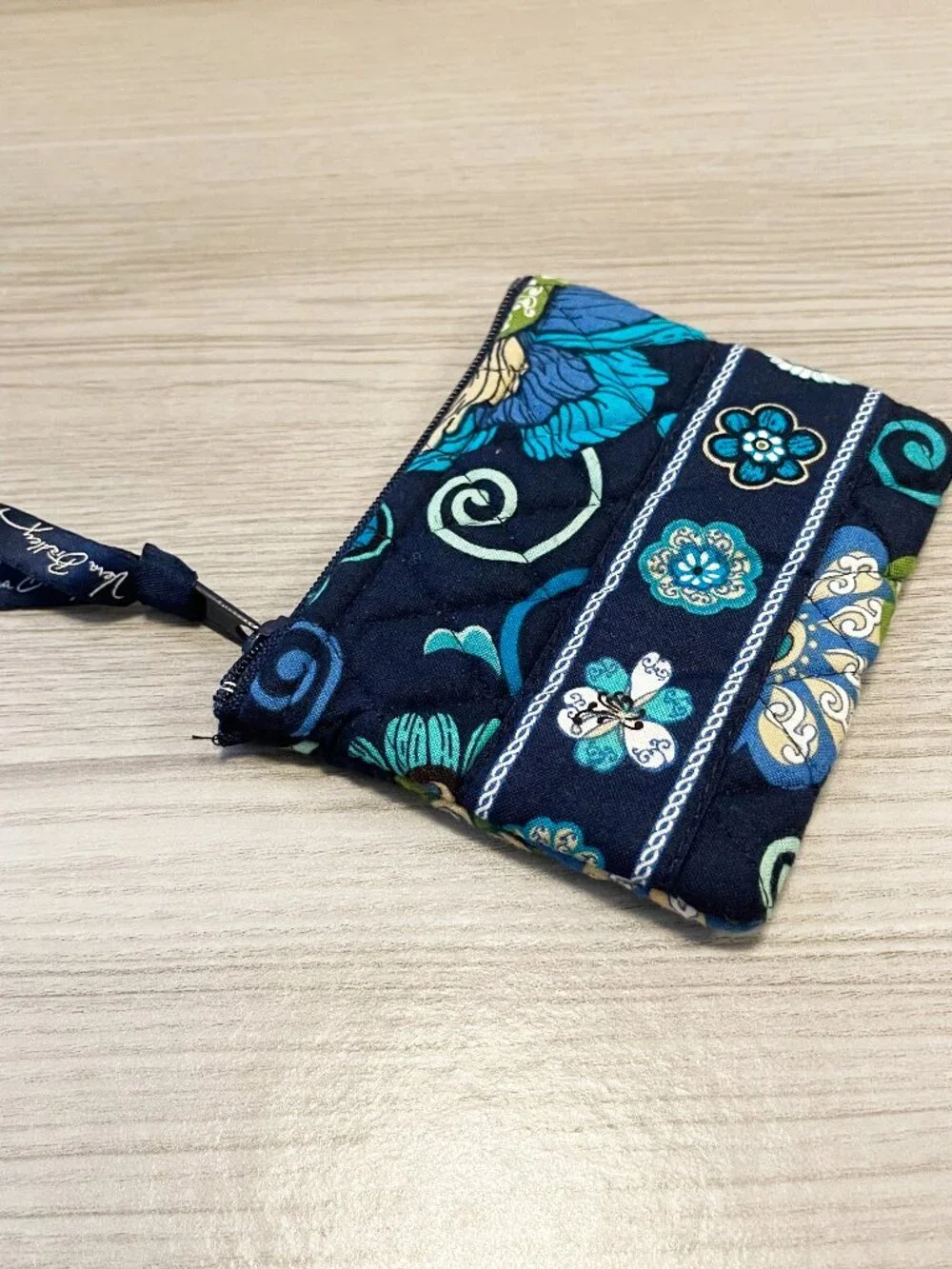 Vera Bradley Quilted Zip Coin Purse Wallet Card Holder Floral Blue Travel Pouch